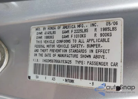 2006 Honda Accord 2.4 Ex z USA, uszkodzony, nr VIN 1HGCM56766A153425